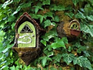 Fairy door and window attached to tree