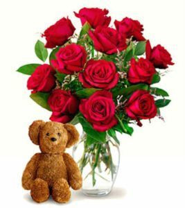 FTD® Dozen Roses and Teddy Bear #82DBX 19 FTD® Dozen Roses and Teddy Bear #82DBX Valentines Day Flowers for Delivery