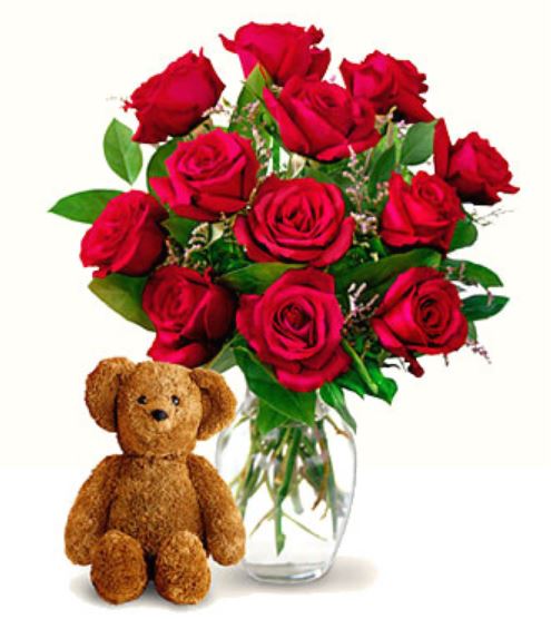 FTD® Dozen Roses and Teddy Bear #82DBX