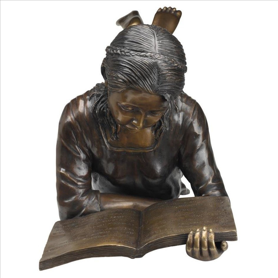 Bronze Fairy Garden Statues Young Scholar Reading Girl Bronze Garden Statue_2