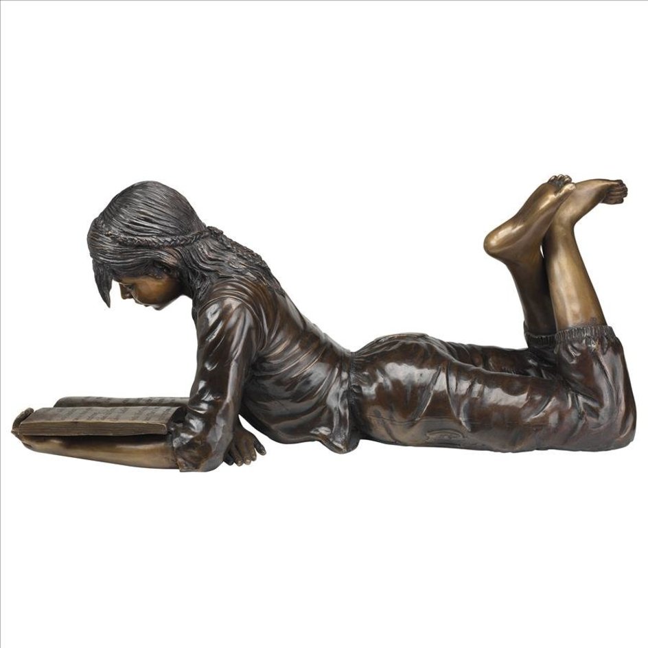 Bronze Fairy Garden Statues Young Scholar Reading Girl Bronze Garden Statue_3