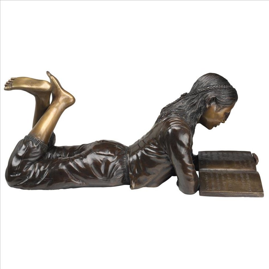 Bronze Fairy Garden Statues Young Scholar Reading Girl Bronze Garden Statue_5