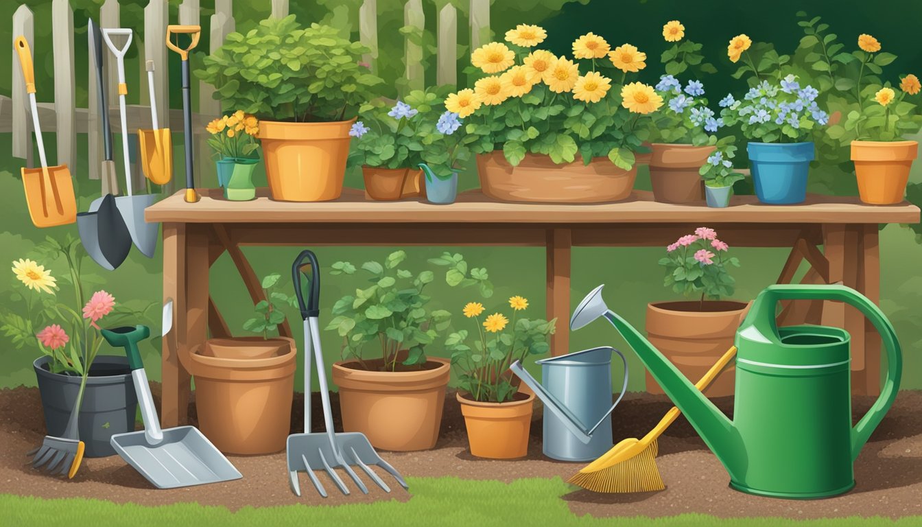 A garden scene with a variety of gardening tools and equipment including a shovel, rake, hoe, watering can, and gloves. Plants, flowers, and a potting bench are also present in the background
