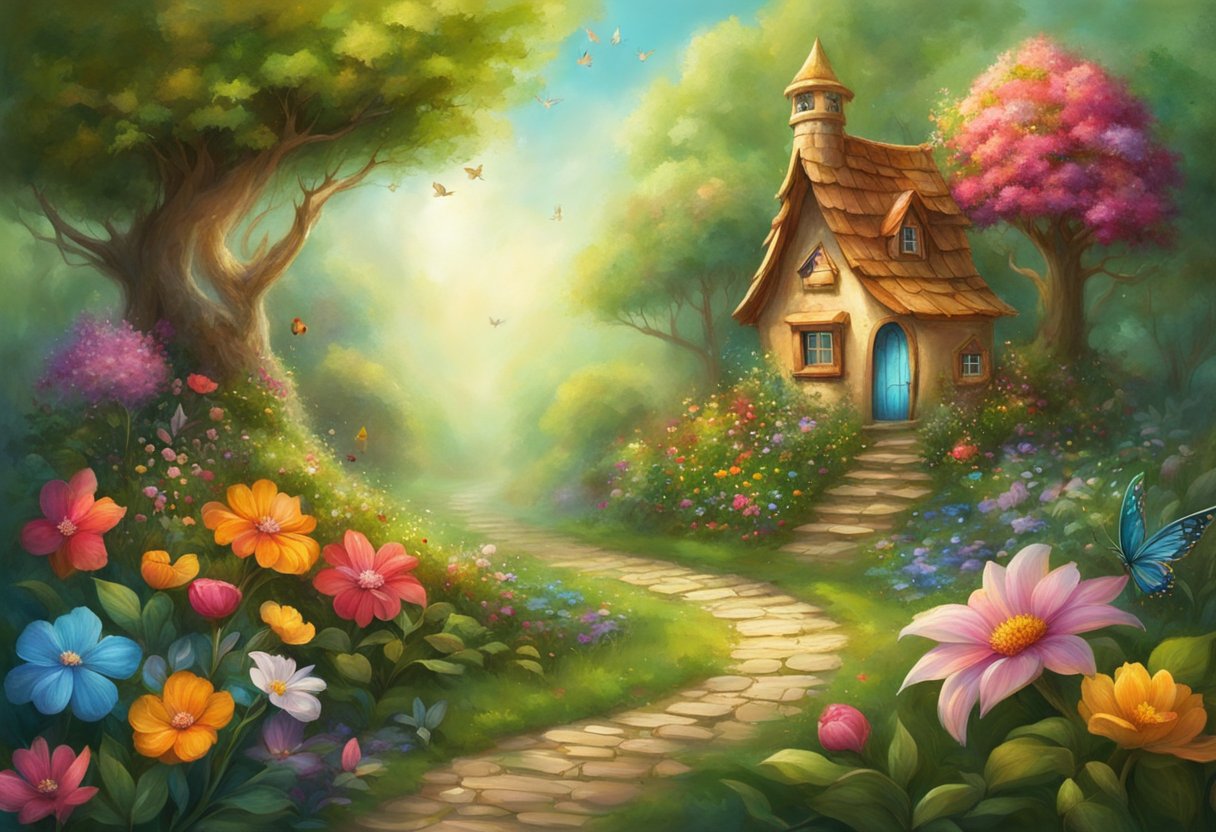 A small garden with tiny houses, colorful flowers, and miniature decorations. A winding path leads through the magical scene, with small fairies peeking out from behind leaves and flowers. Fairy garden for beginners pathway