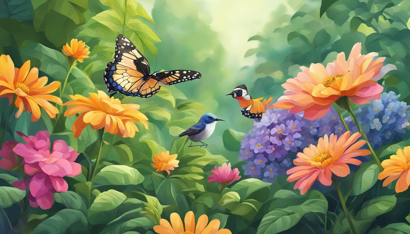 Bright flowers bloom in a garden, surrounded by lush greenery. A butterfly flutters among the plants, while a small bird perches on a branch