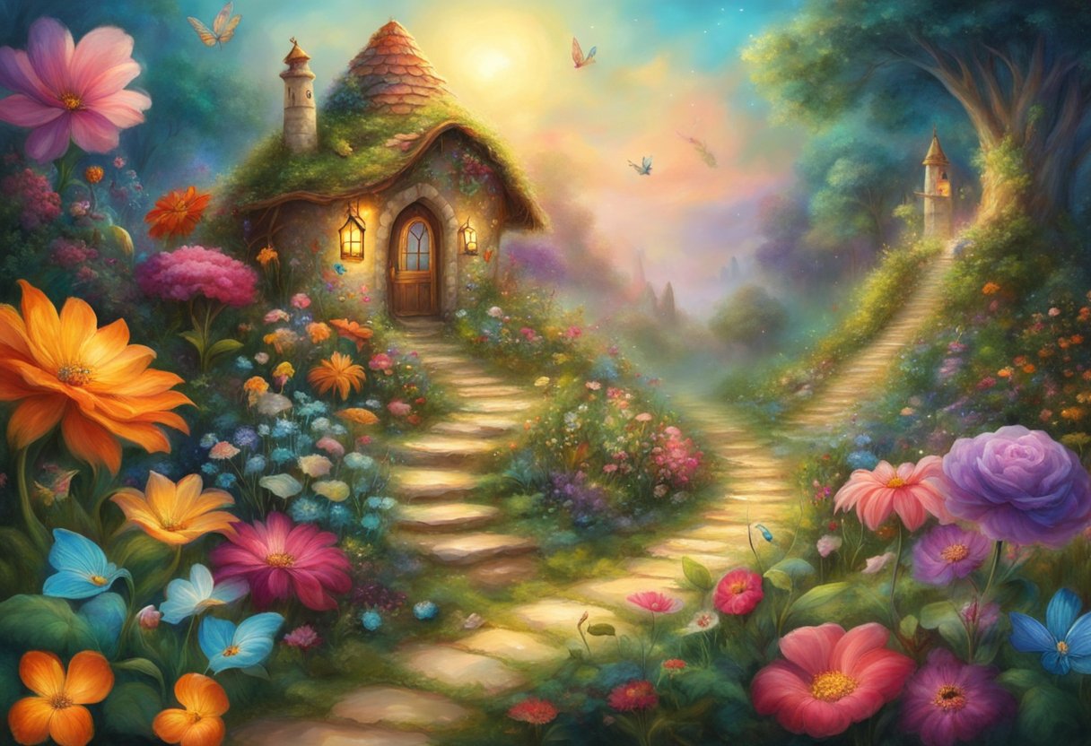 Colorful flowers and tiny figurines arranged in a small garden. A pathway winds through the greenery, leading to a whimsical fairy house. Fairy garden for beginners cottage