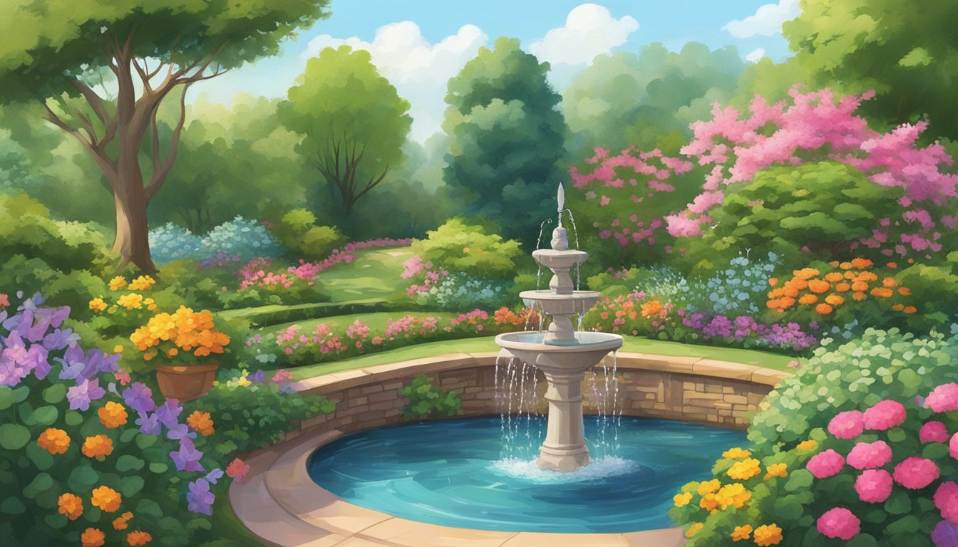 Lush garden with blooming flowers, green shrubs, and colorful butterflies fluttering around. A small fountain gurgles in the corner, surrounded by neatly trimmed hedges and winding pathways